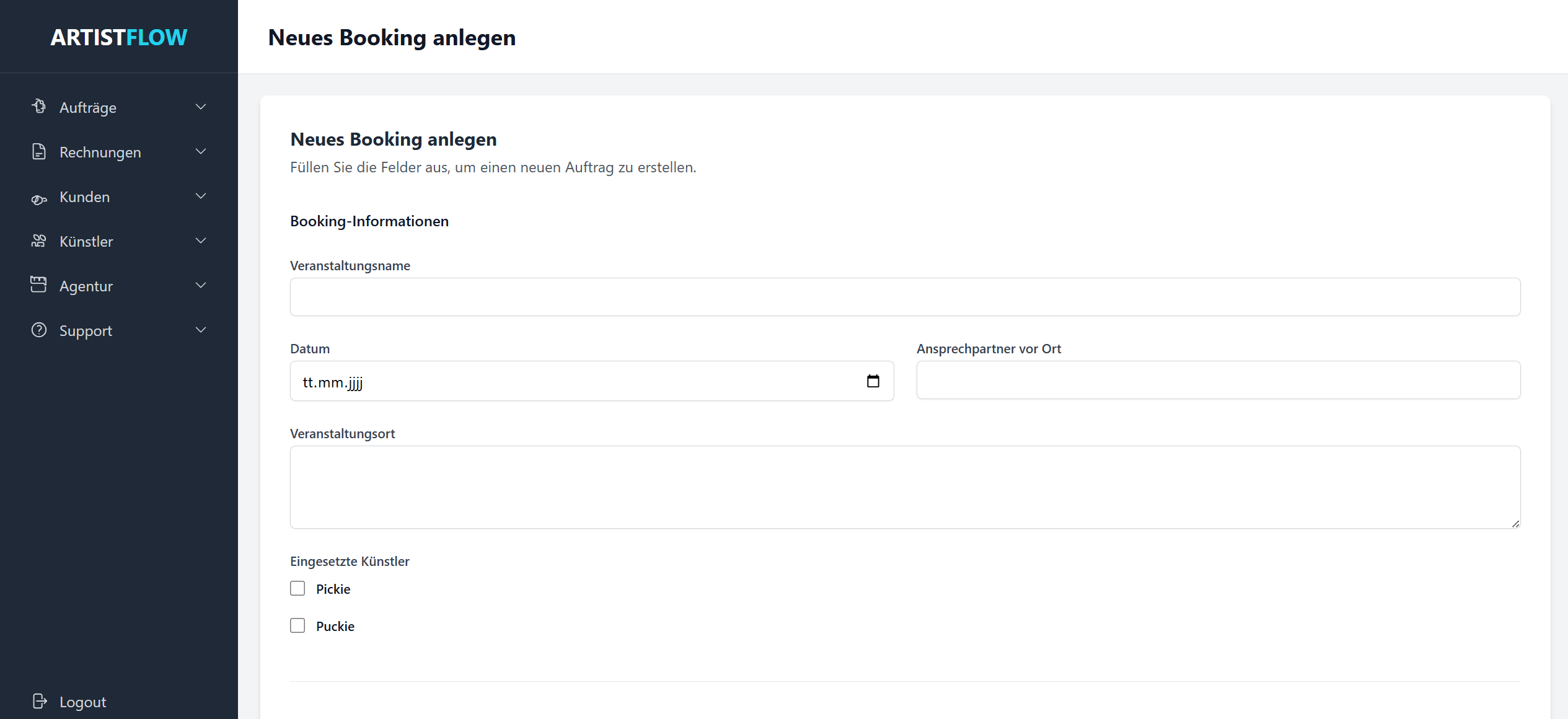 Screenshot der Eingabemaske für ein Booking