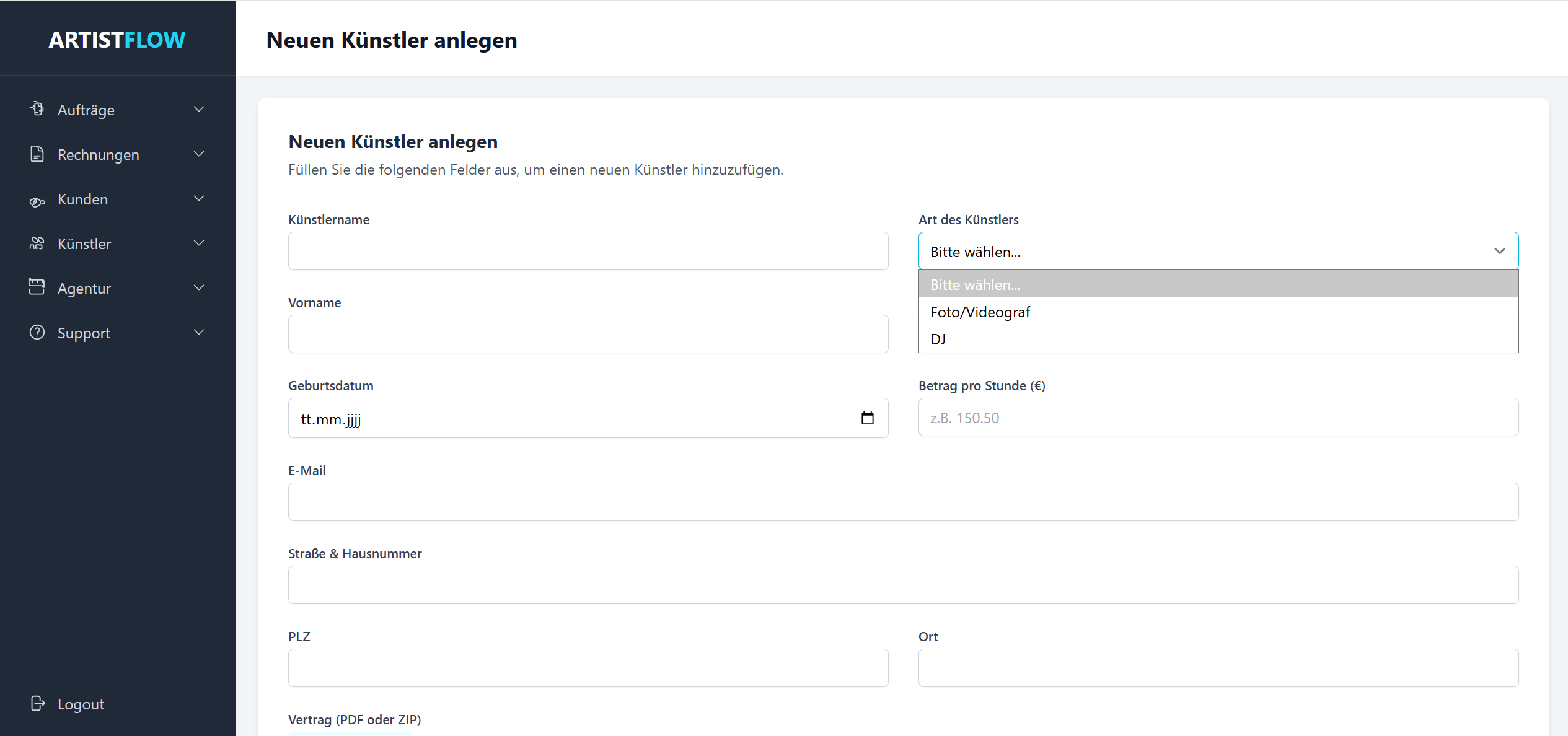 Screenshot der Eingabemaske für Künstler